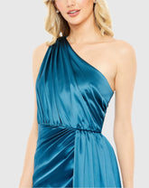 Blue Gathered One Shoulder Satin Faux Wrap Gown